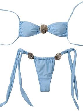 🌊 NWT SHENHE Baby Blue Shell Ring Bikini Set - Size Small 🐚